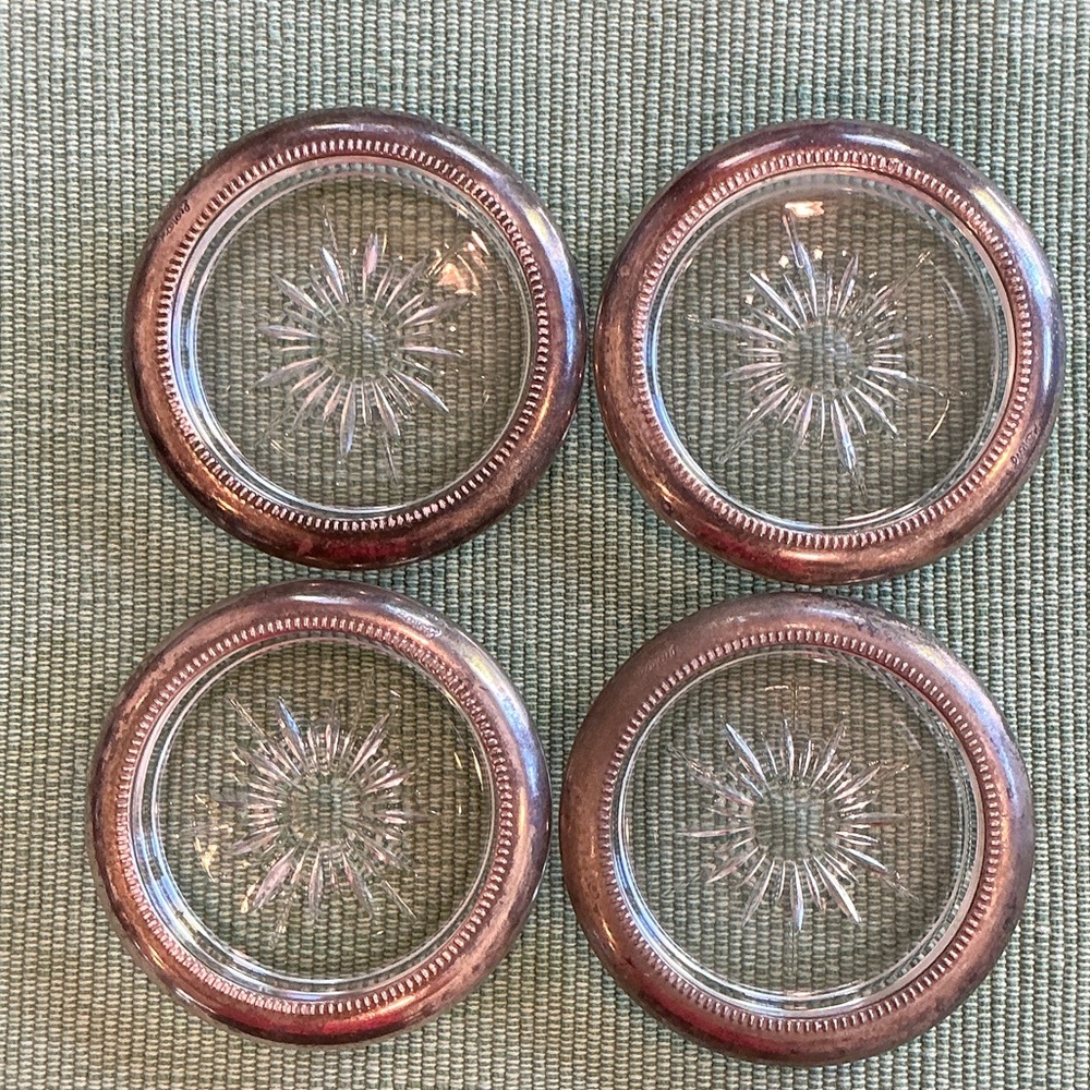 Set of Four Silver Plated and Crystal Glass Coasters